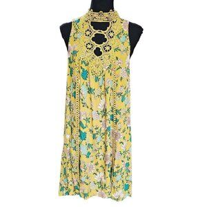 Entro Babydoll Bohemian Mini Sundress with Lace Collar Accents, Size Medium